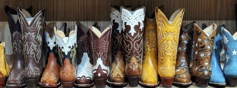 Display of Western cowboy boots in a Texas shop