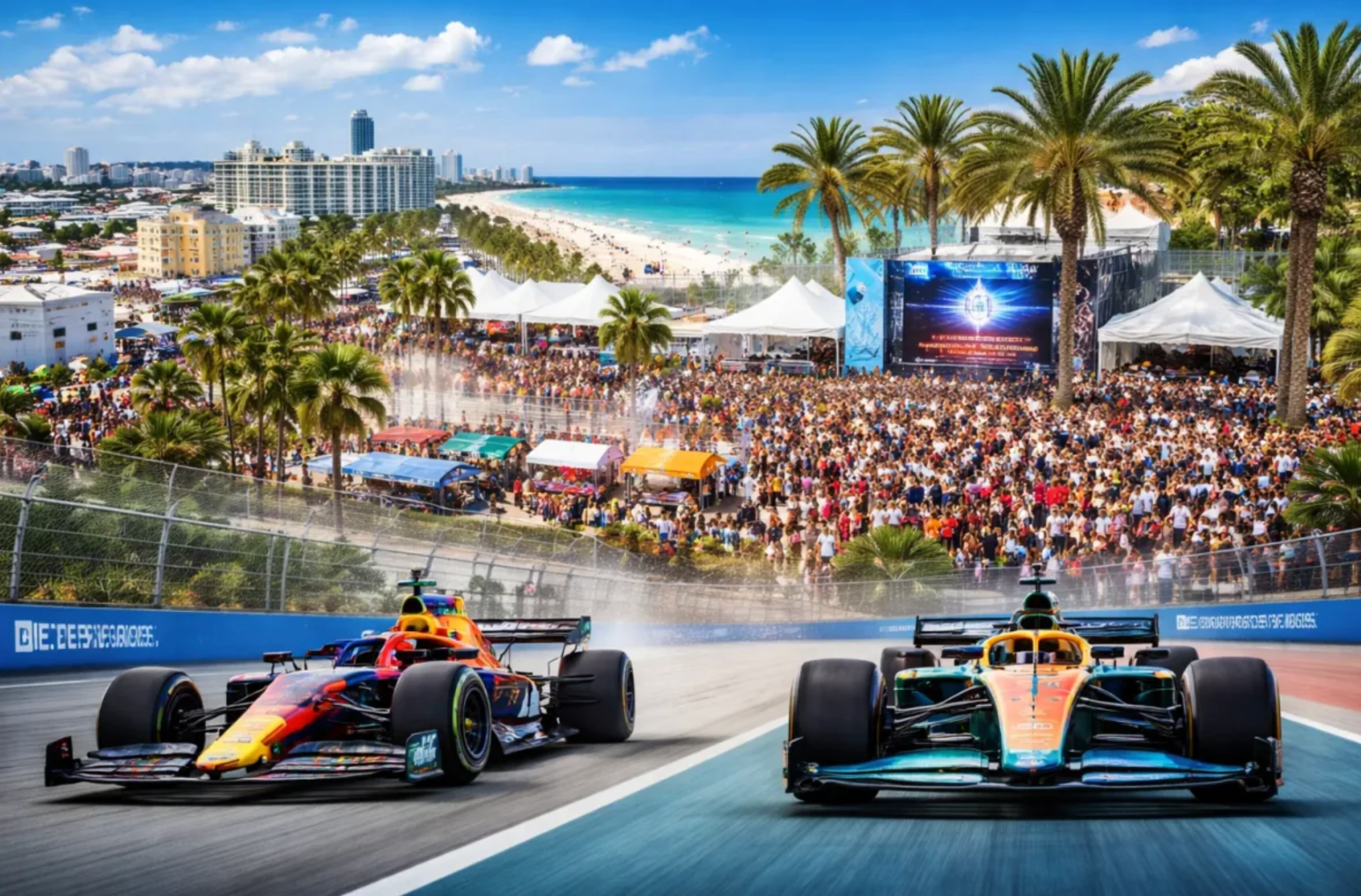 Formula One cars competing near palm trees in Miami