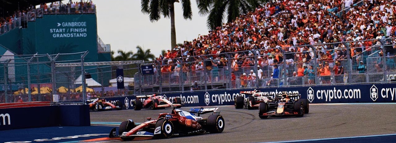 Formula One cars racing near the grandstands at Miami Grand Prix