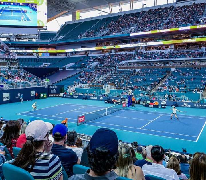 Blue tennis court and grandstands during the Miami Open