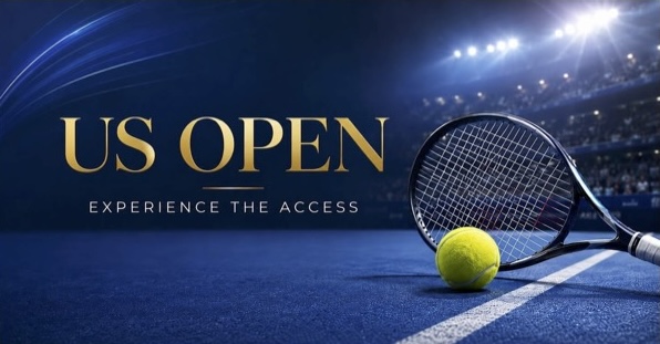 US Open tennis graphic featuring a racket and ball under stadium lights