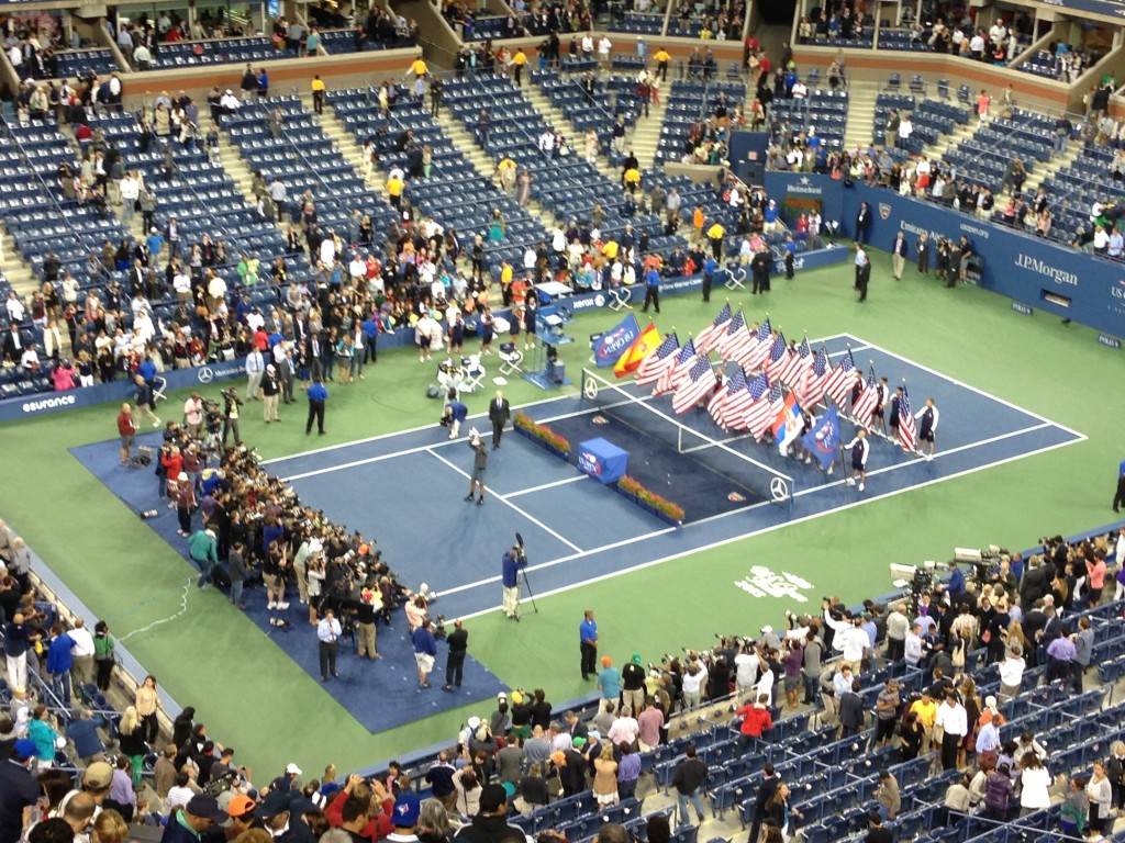 Tennis presentation ceremony on a blue court at the US Open