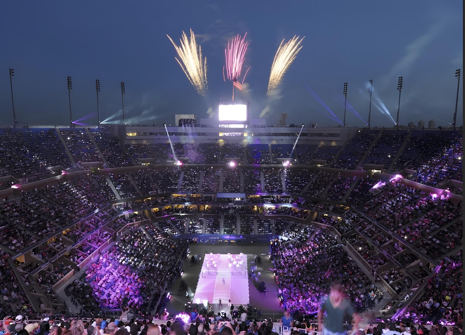 Night-time tennis stadium show with purple lights at the US Open